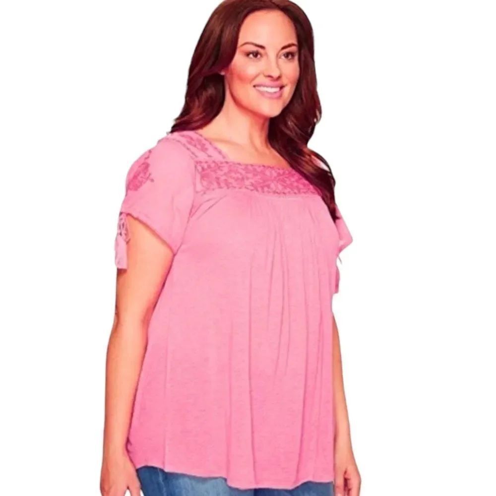 Rose Pink Short Sleeve Embroidery Beaded Cotton Top by Lucky Brand NEW